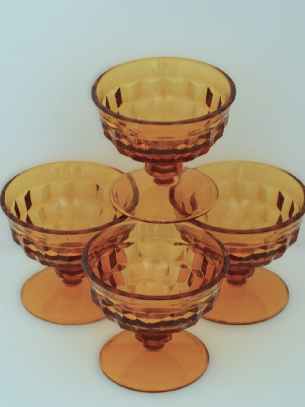 Vintage Whitehall Colony Cubist Amber Glass Pedestal Dessert Bowls
